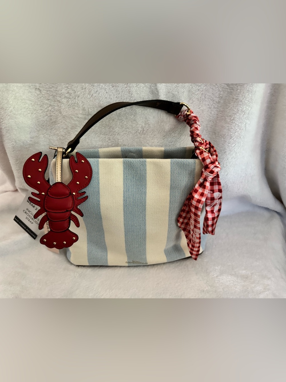 Blue & White Striped Shoulder Bag with Red Accent Scarf